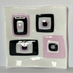 Fused Art Glass Square Plate Trinket Candy Dish 5.5” Handmade Pink Black EUC